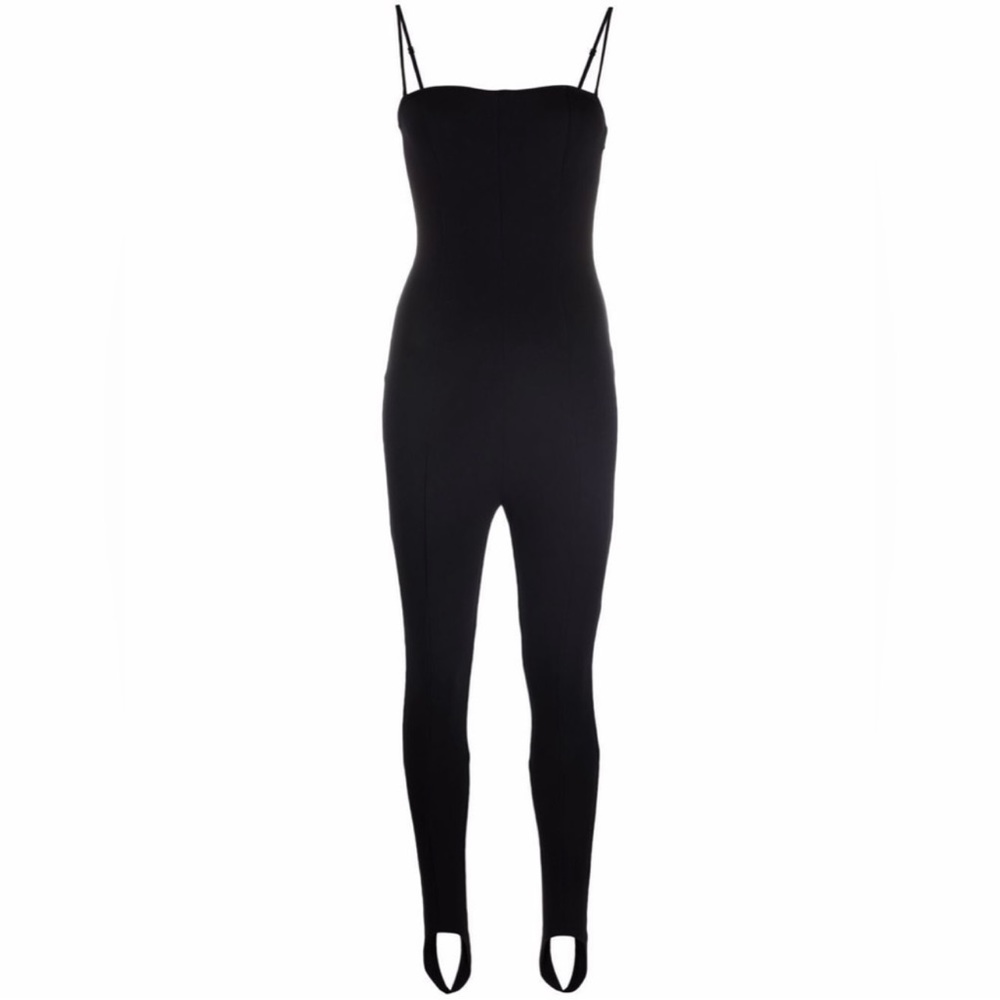 Black Amina Muaddi X Wolford jumpsuit with straps..